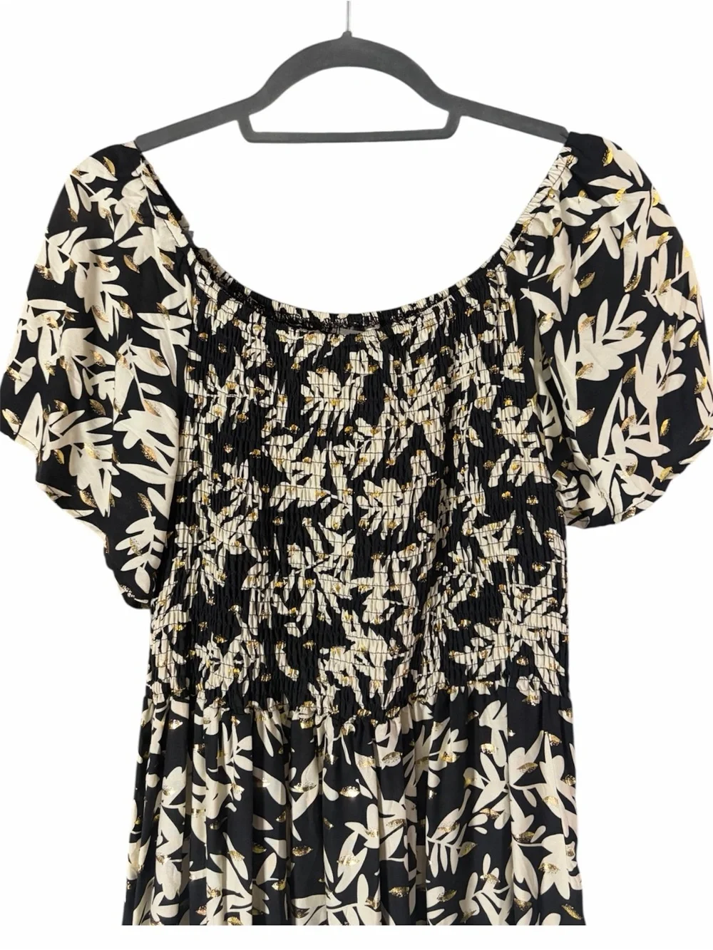 Kindred Smocked Off-Shoulder Black Metallic Gold Floral High Low Midi Dress 2X